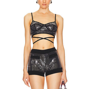 David Koma Sequins Black Cotton Knit Wait Tie Detail Top Size XS